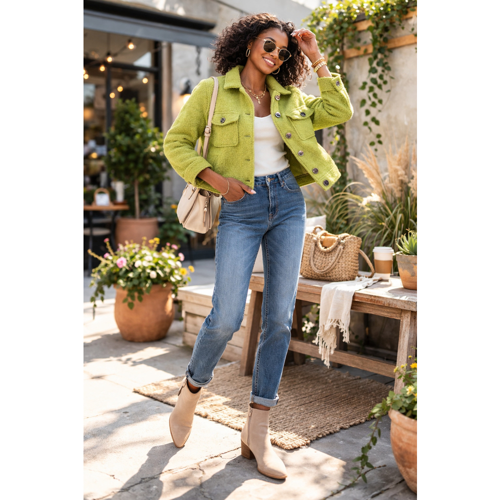 Joie Cropped Fuzzy Wool Blend Jacket Lime Green Boxy Button Front M - Picture 2 of 11